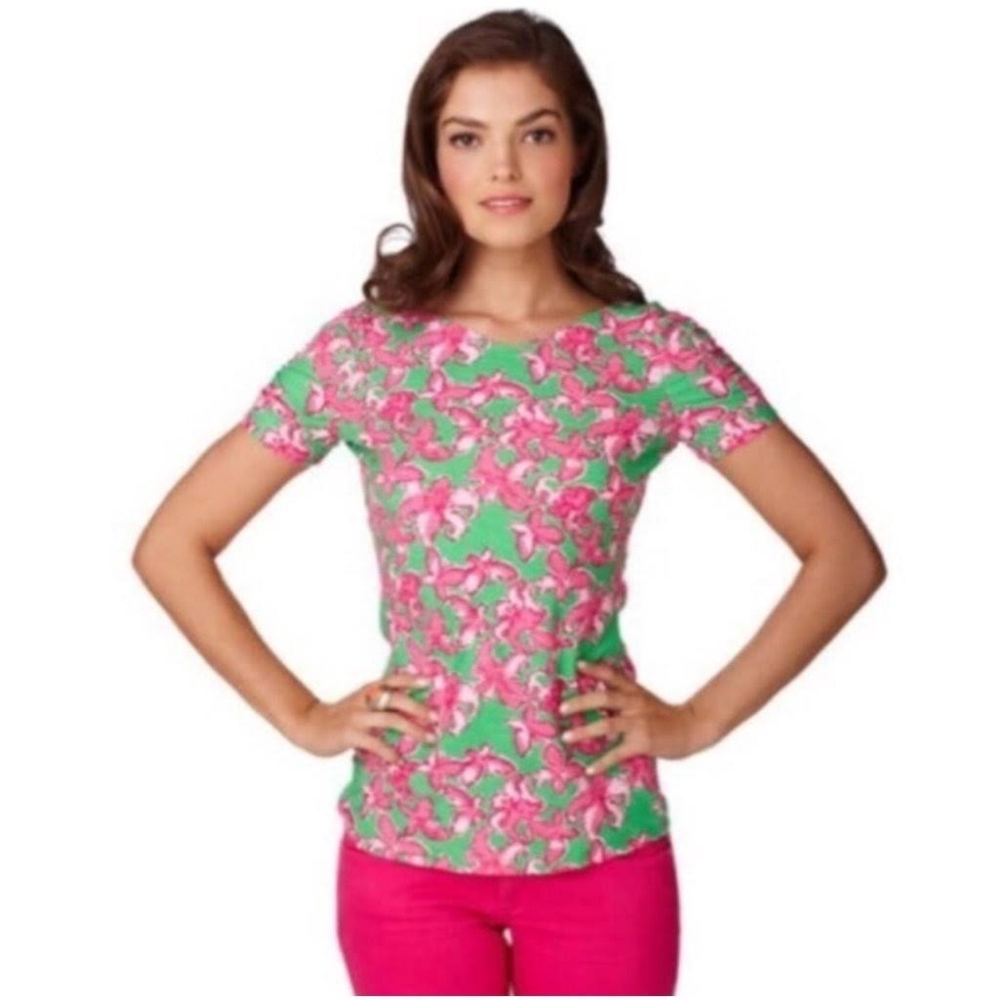 Lilly Pulitzer Leila Top All A Flutter Print Ruched Short Sleeve Size M